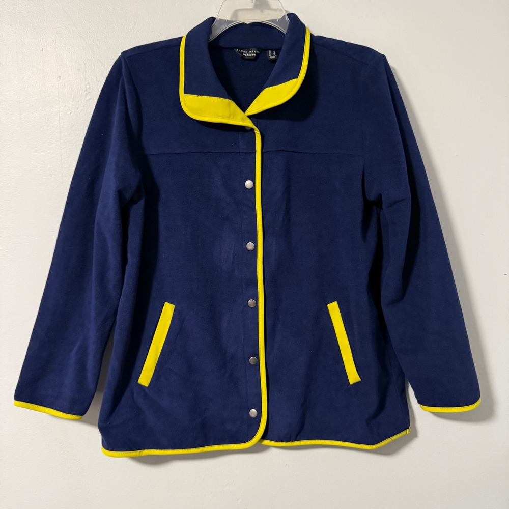 Susan‎ Graver Weekend Navy Blue Fleece Snap Front Jacket Yellow Trim Women L